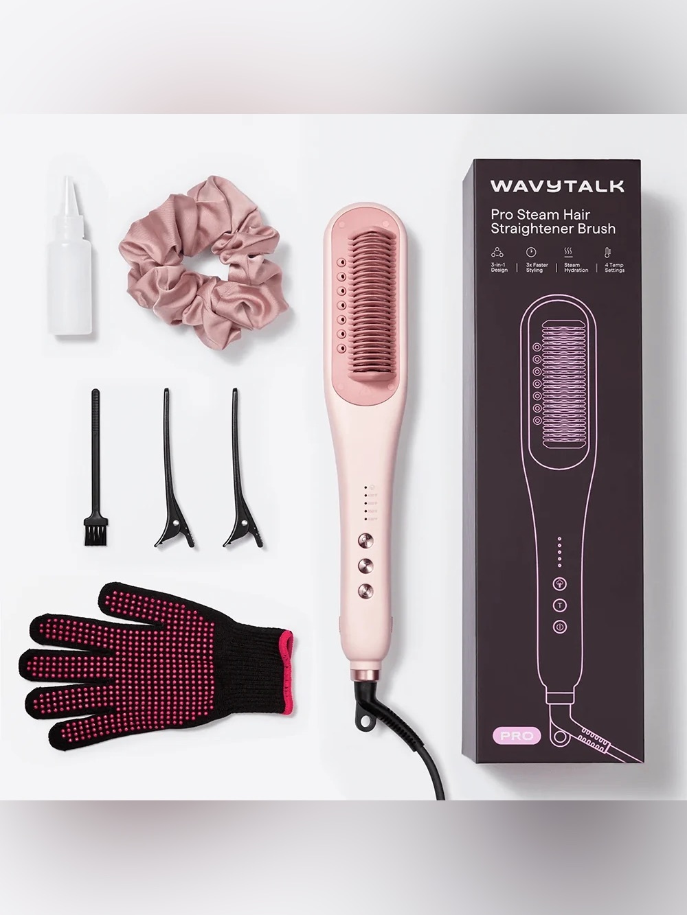NWT Wavytalk Pink Pro Steam Hair Straightener Brush and accessories